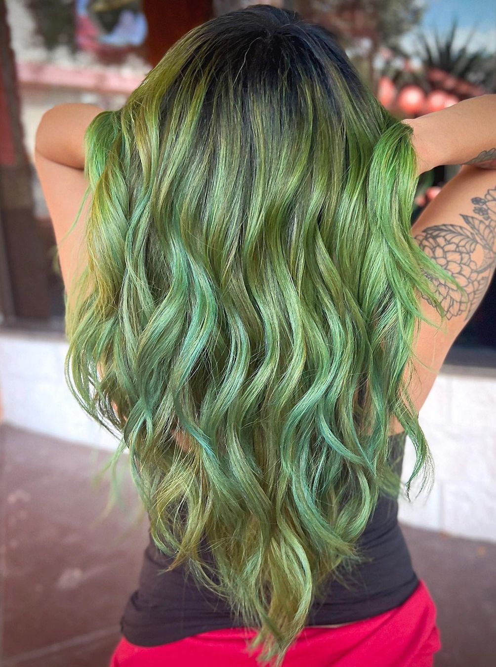 Olive Green Color on Long Wavy Hair