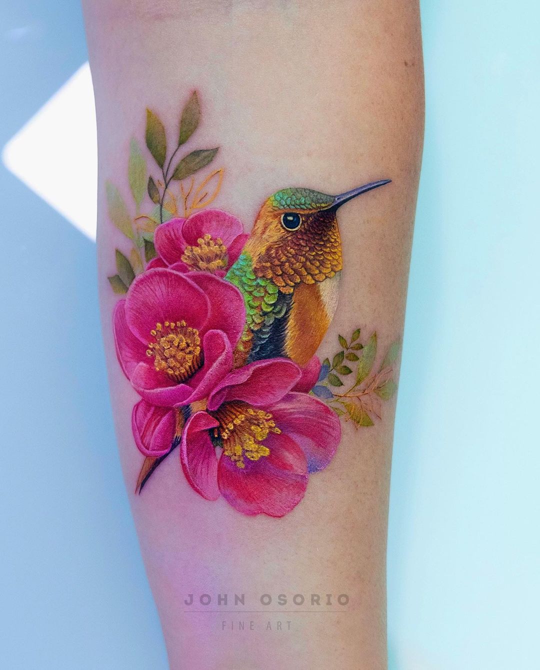 Colorful Cherry Blossom with Hummingbird Tattoo on Arm