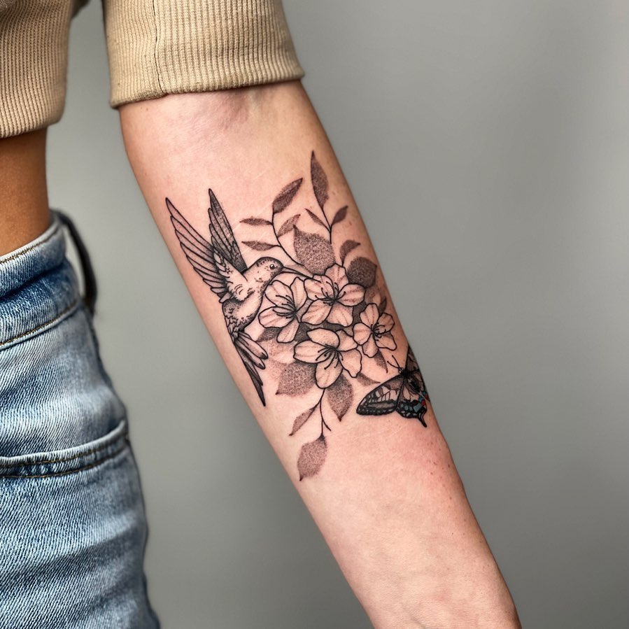 Black and White Cherry Blossom and Hummingbird Tattoo on Arm