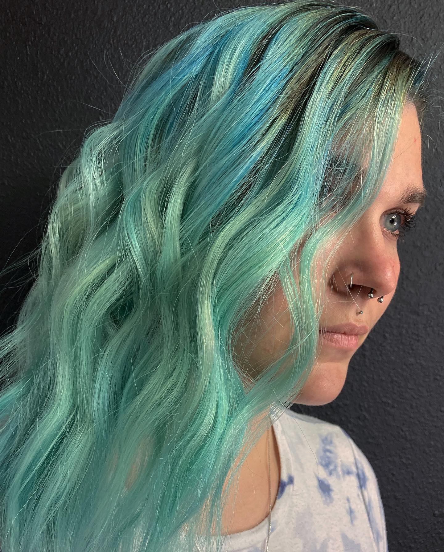 Seafoam Turquoise Color on Wavy Hair