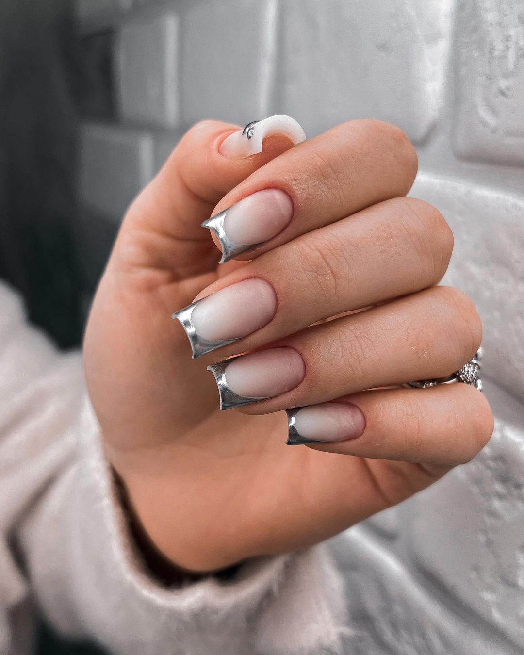 Square French Manicure with Silver Tips