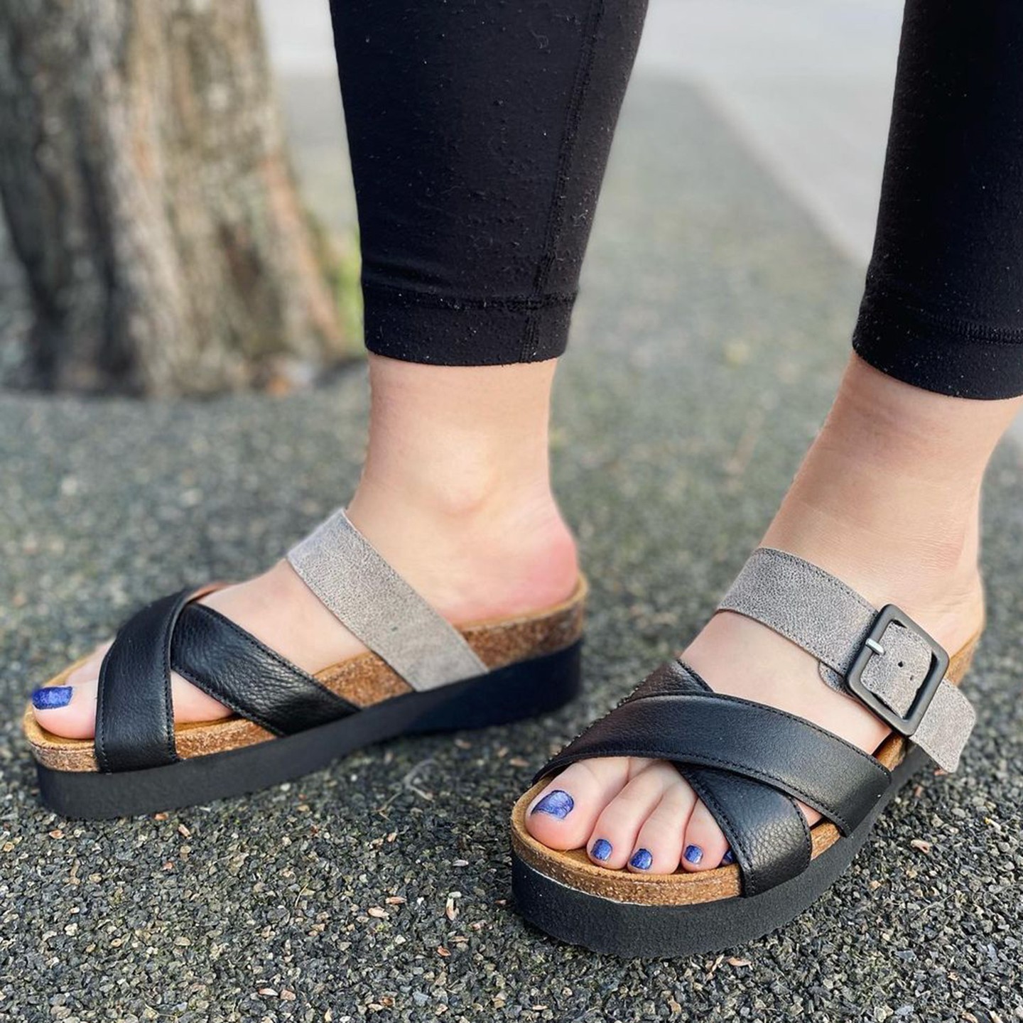 Black and Gray Juliette Leather Walking Sandals