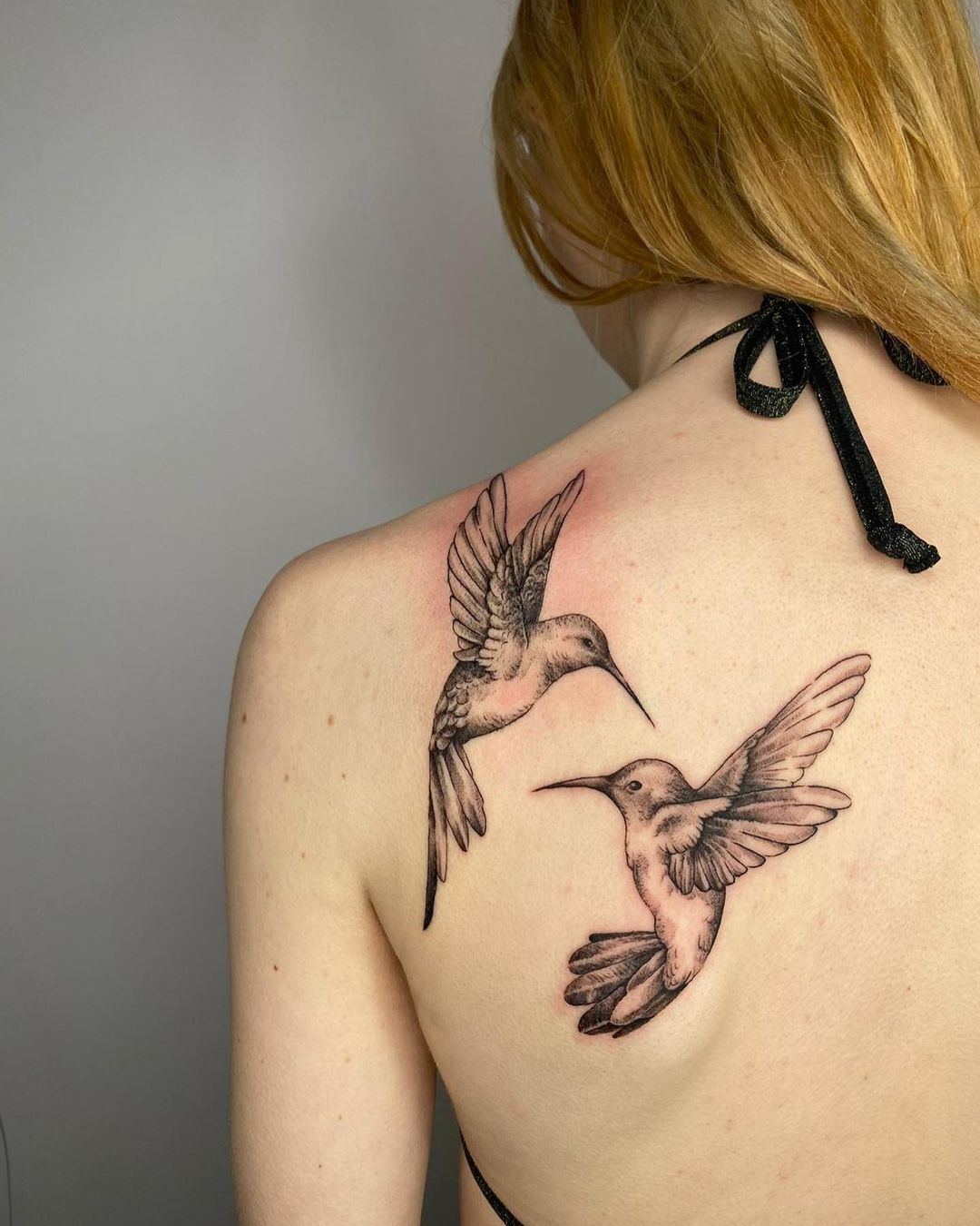 Black and White Two Hummingbirds Tattoo on Shoulder