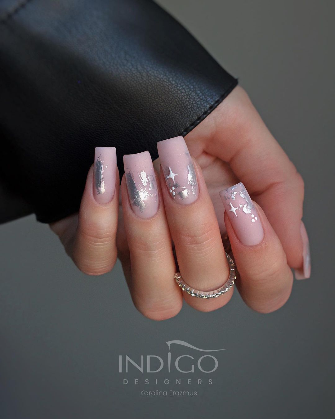 Square Matte Nude Nails with Silver Star Design