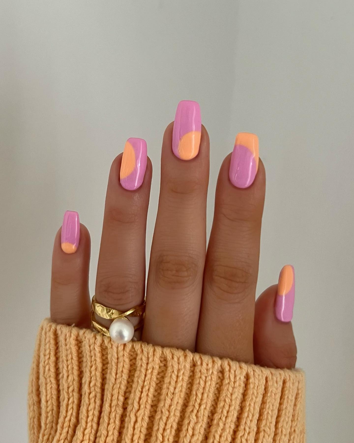 Square Pastel Nails with Orange Design