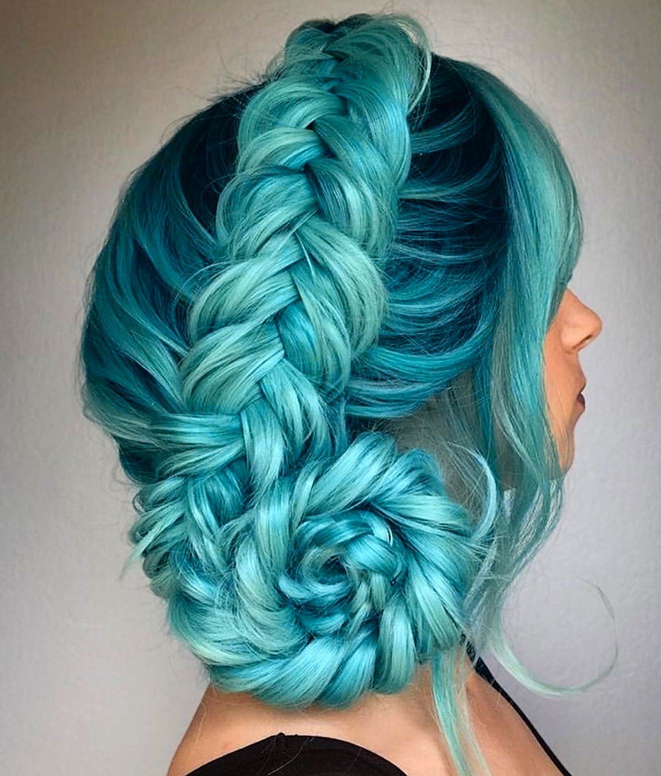 Electric Turquoise Color on Thick Braided Hair