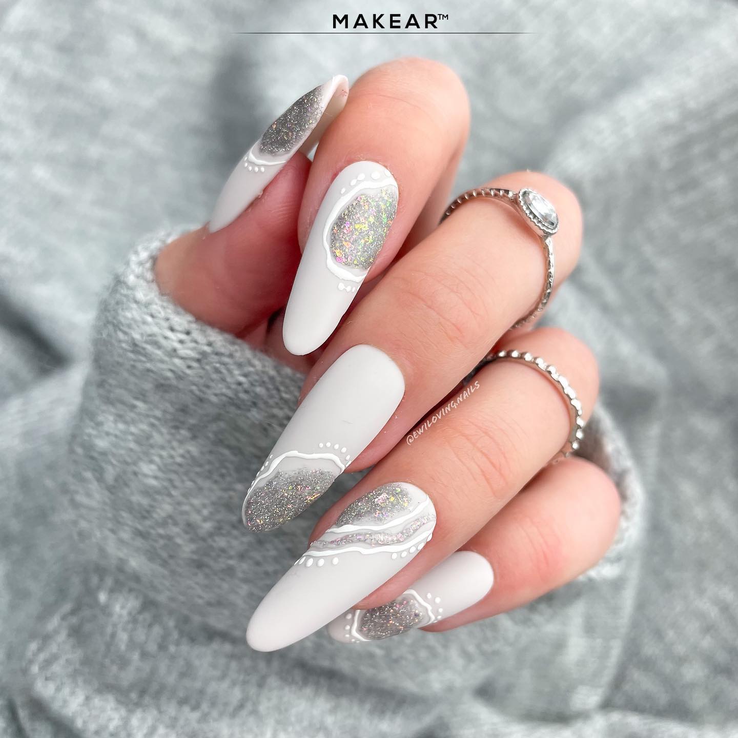 White Long Round Nails with Silver Nail Design