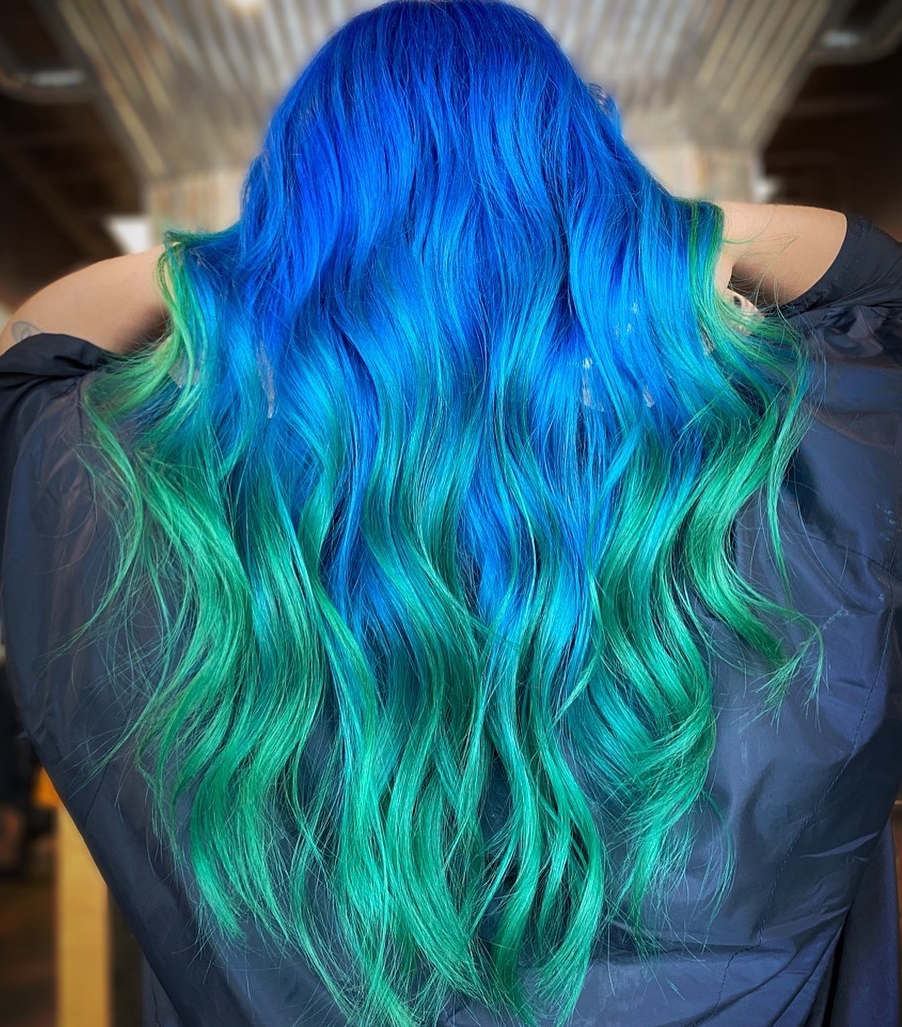 Blue to Turquoise Ombre on Long Wavy Hair