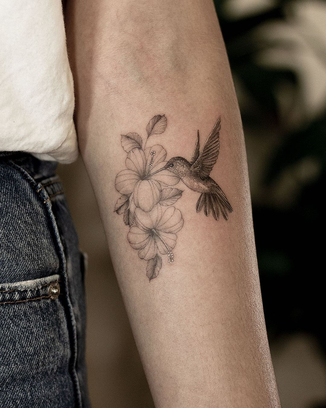 Black and White Hummingbird and Hibiscus Tattoo on Arm