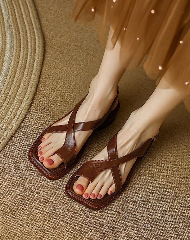 Brown Leather Flat Summer Sandals