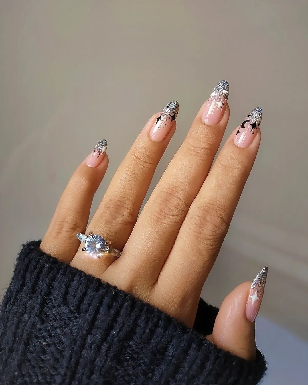 Clear to Glitter Silver Ombre Nails with Star Design