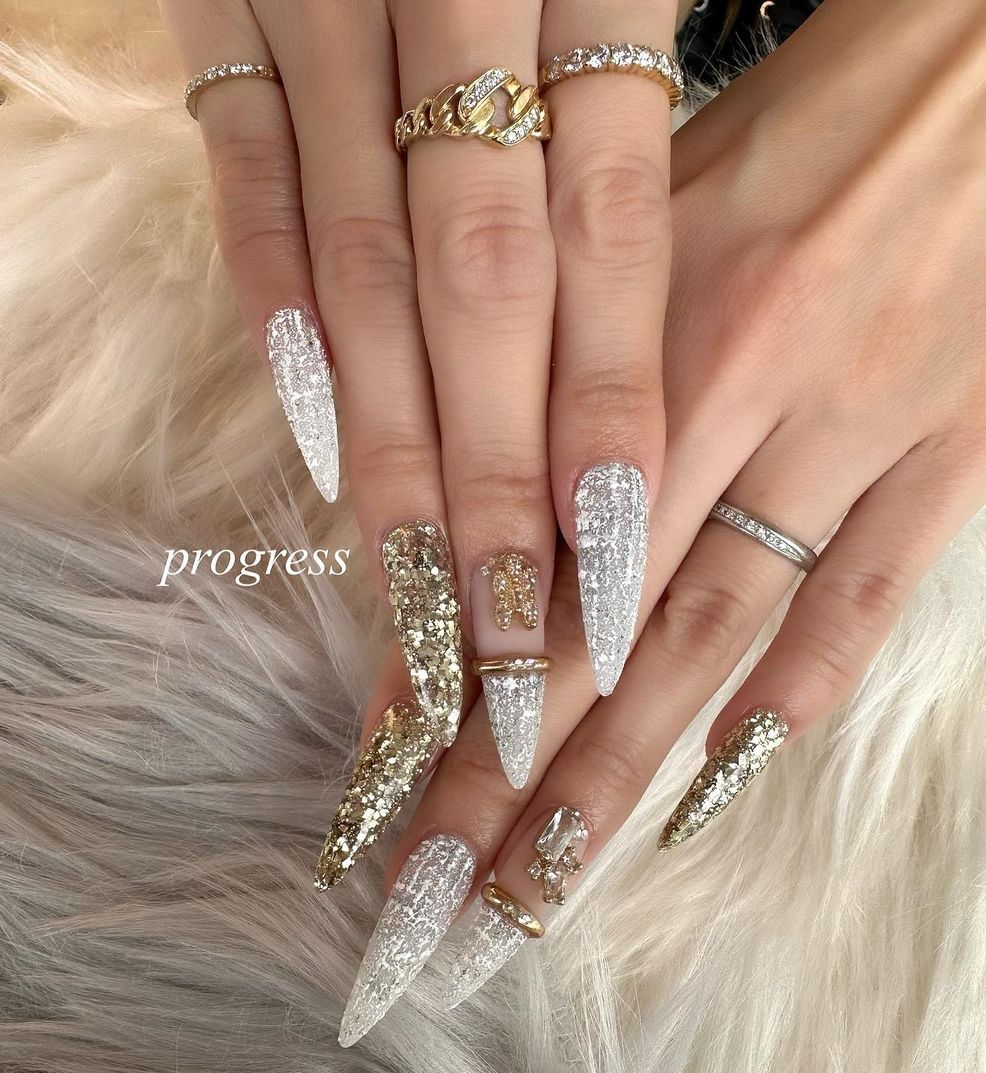 Acrylic Glitter Silver and Gold Nail Design