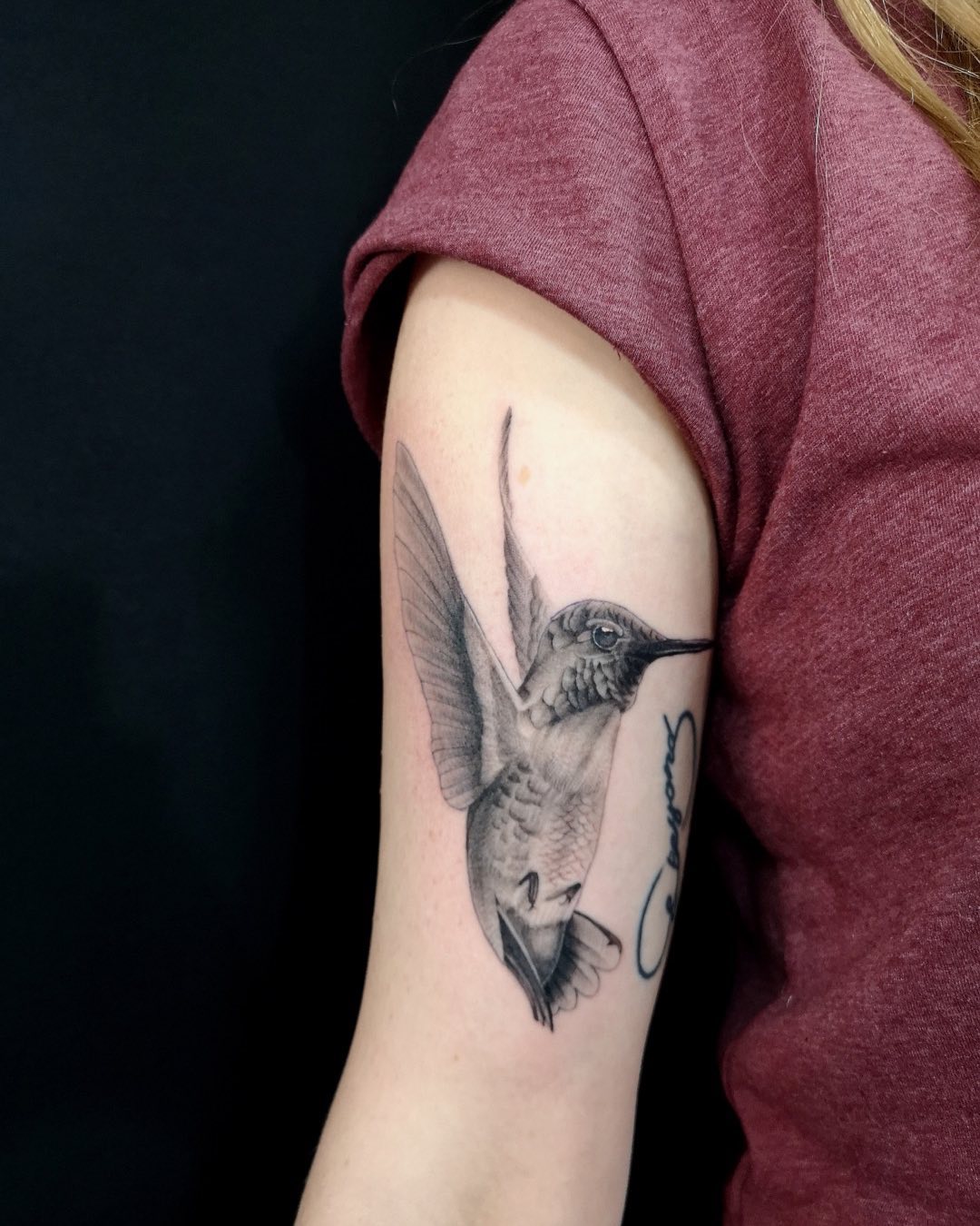 Black and White Hummingbird Tattoo on Arm