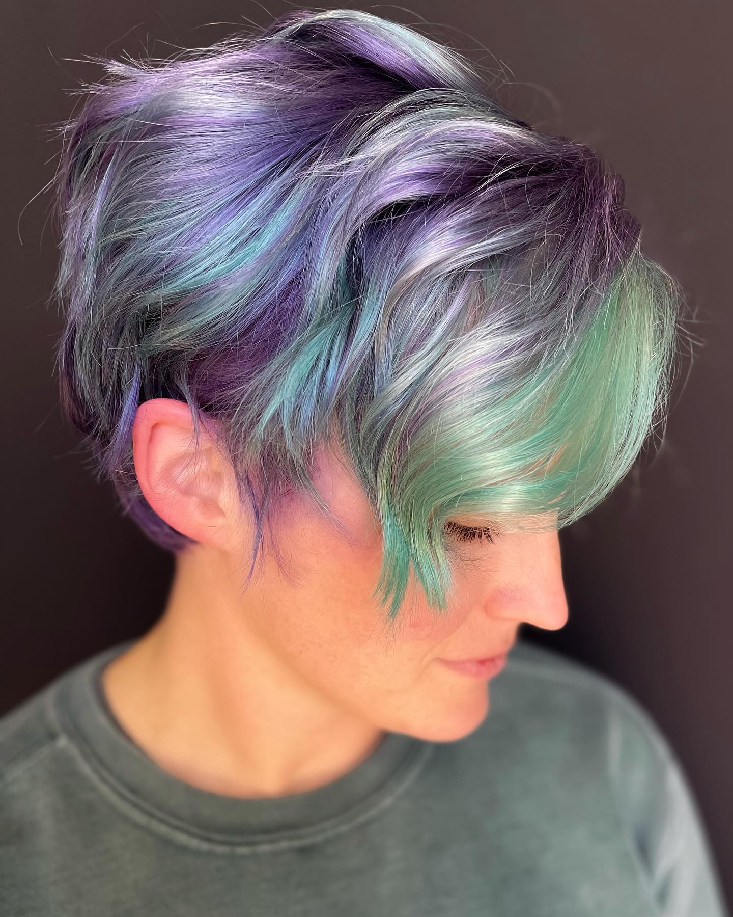 Rainbow Shades on Pixie Cut with Turquoise Bang