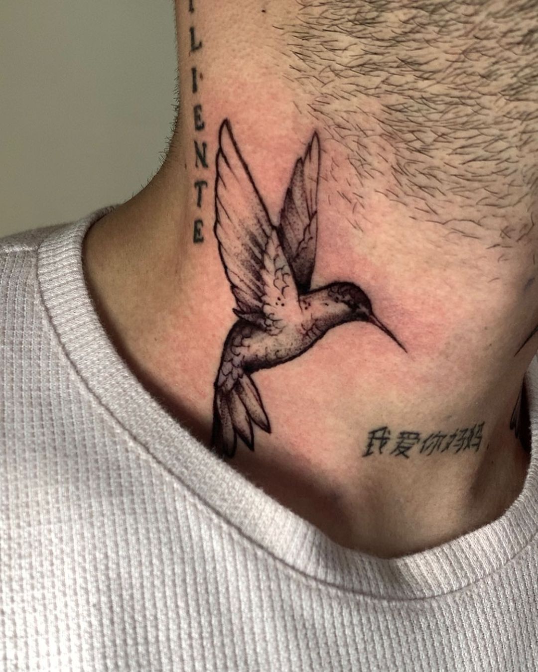 Black and White Hummingbird Tattoo on Neck with Chinese Letters