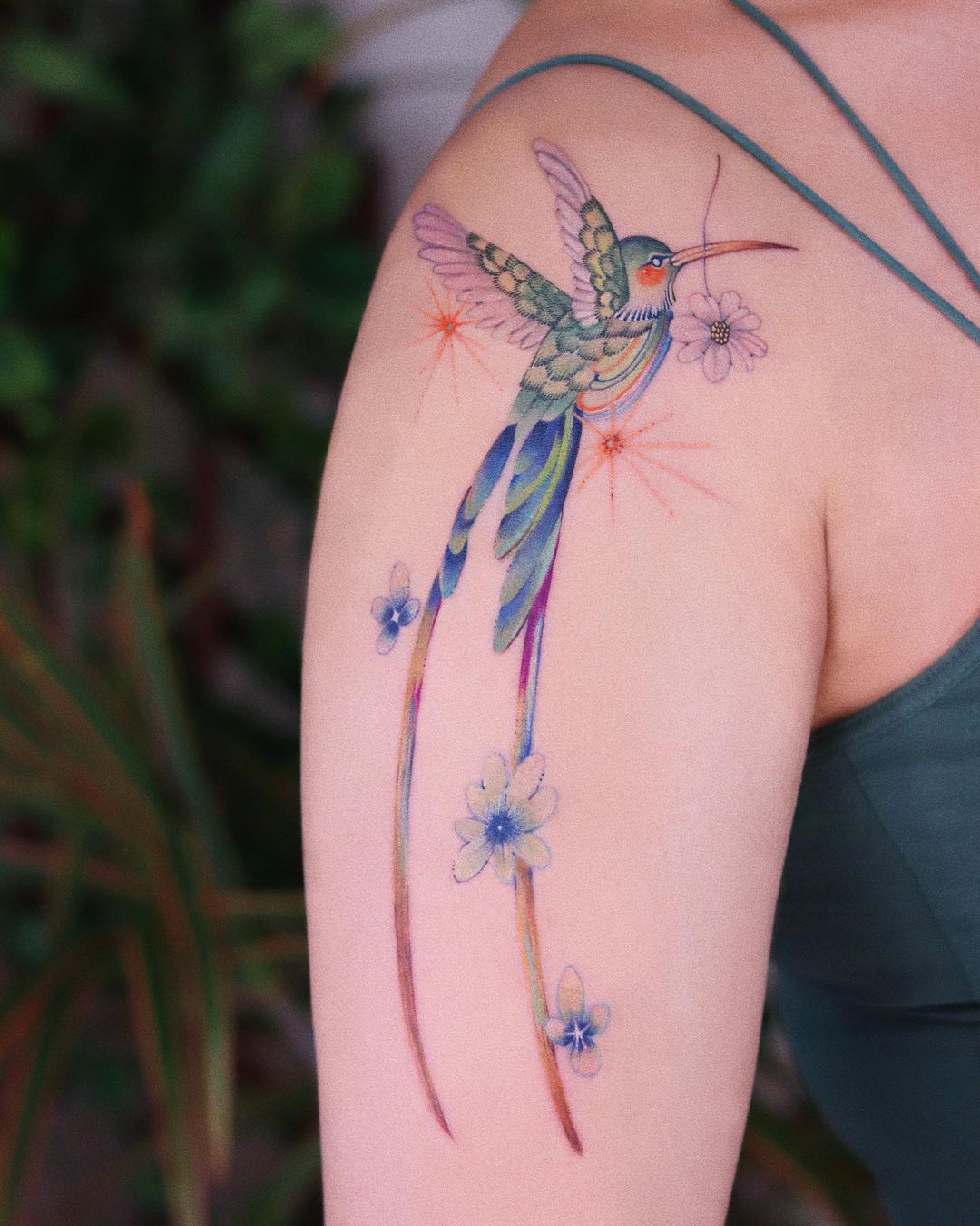 Colorful Jamaican Hummingbird Tattoo on Shoulder and Arm