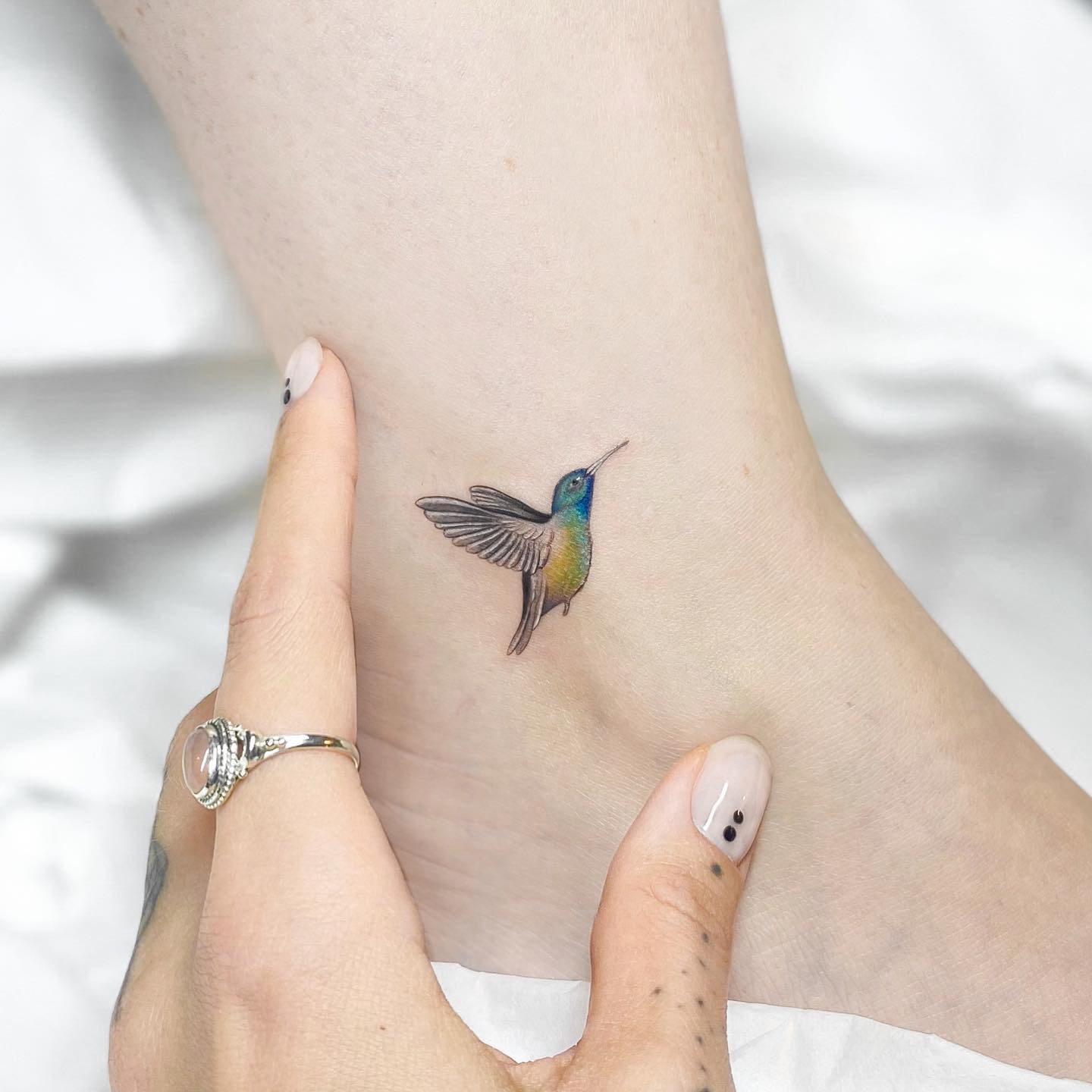 Small Colorful Hummingbird Tattoo on Ankle