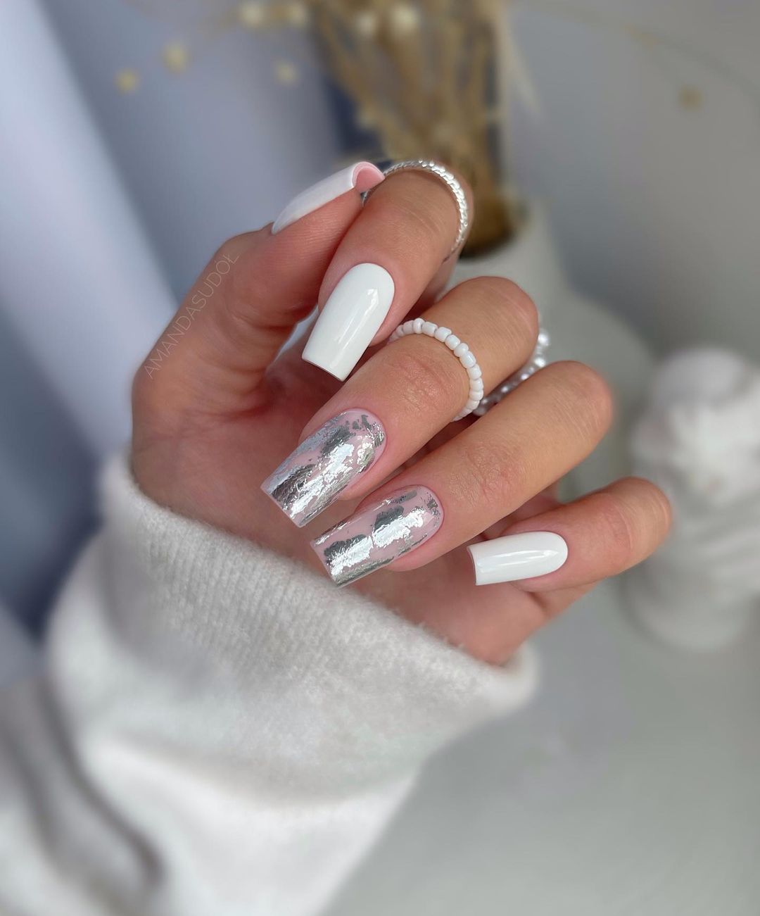 White and Silver Design on Square Nails