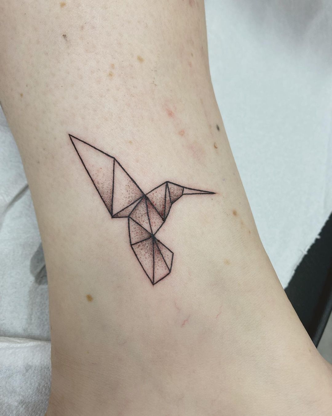 Black and White Origami Hummingbird Tattoo on Ankle