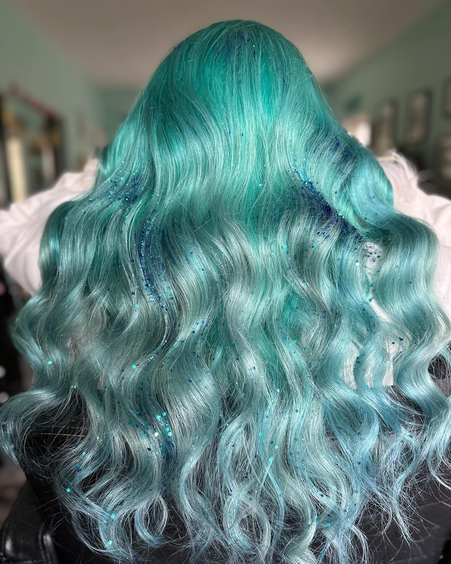 Long Wavy Hair with Green to Pastel Turquoise Shades