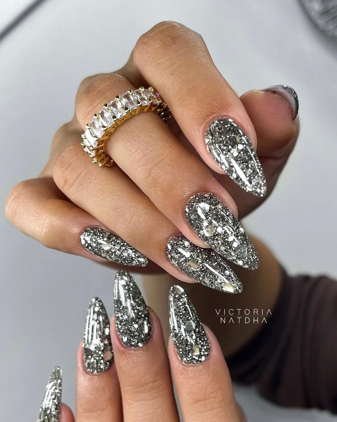 Almond Silver Glitter Nails