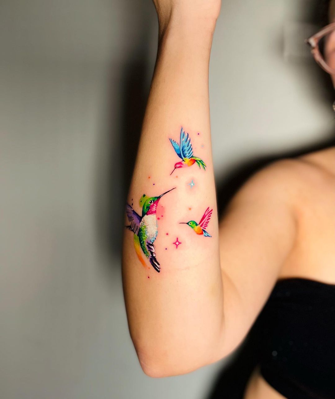 Three Small Hummingbird Tattoos on Arm