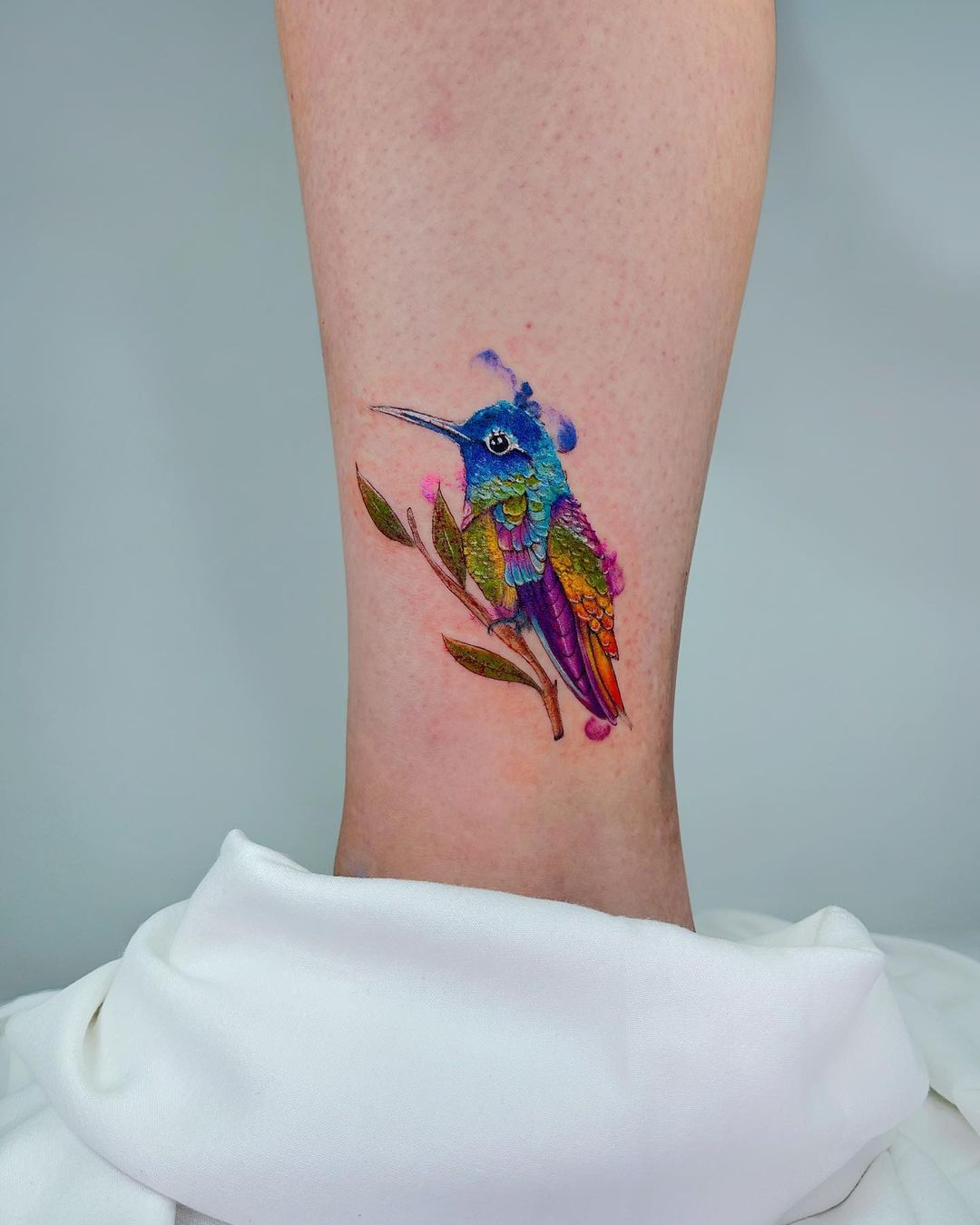 Colorful Hummingbird Tattoo on Ankle