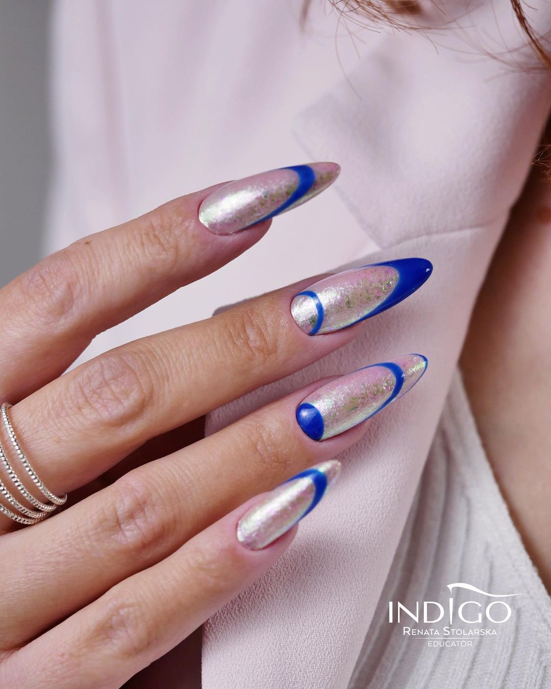 Blue and Silver Design on Long Nails