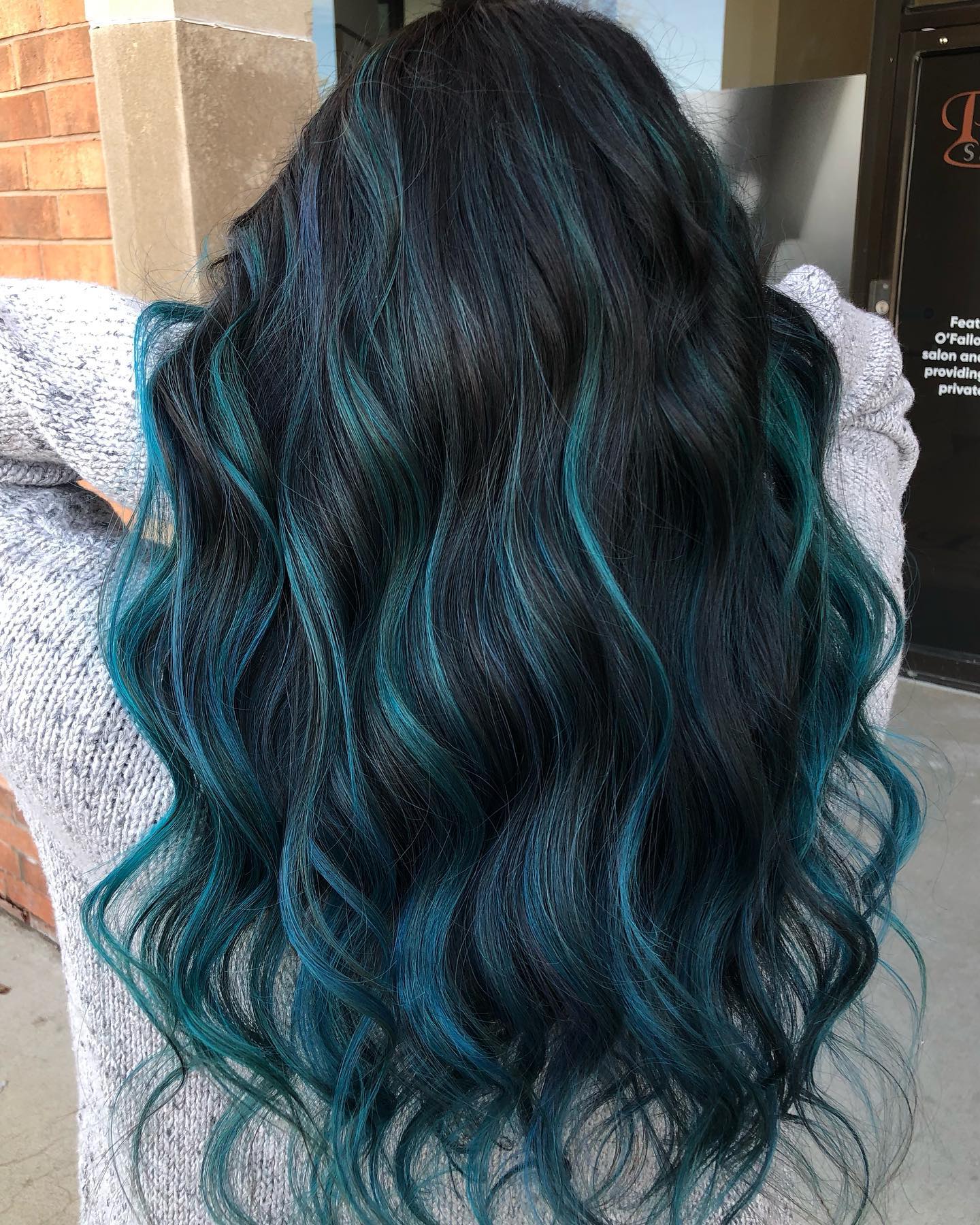 Teal Turquoise Highlights on Long Wavy Dark Hair