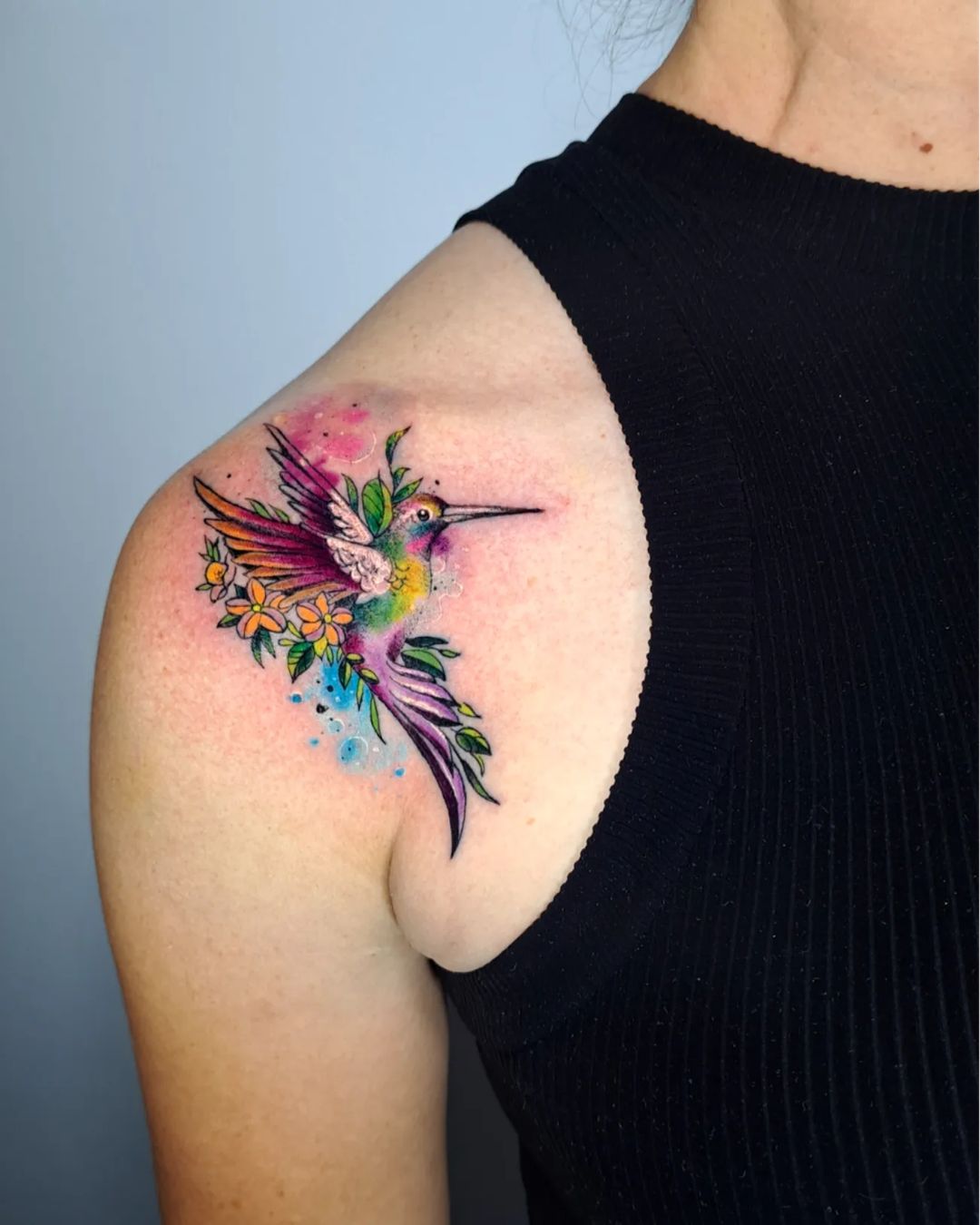 Watercolor Hummingbird Tattoo on Shoulder