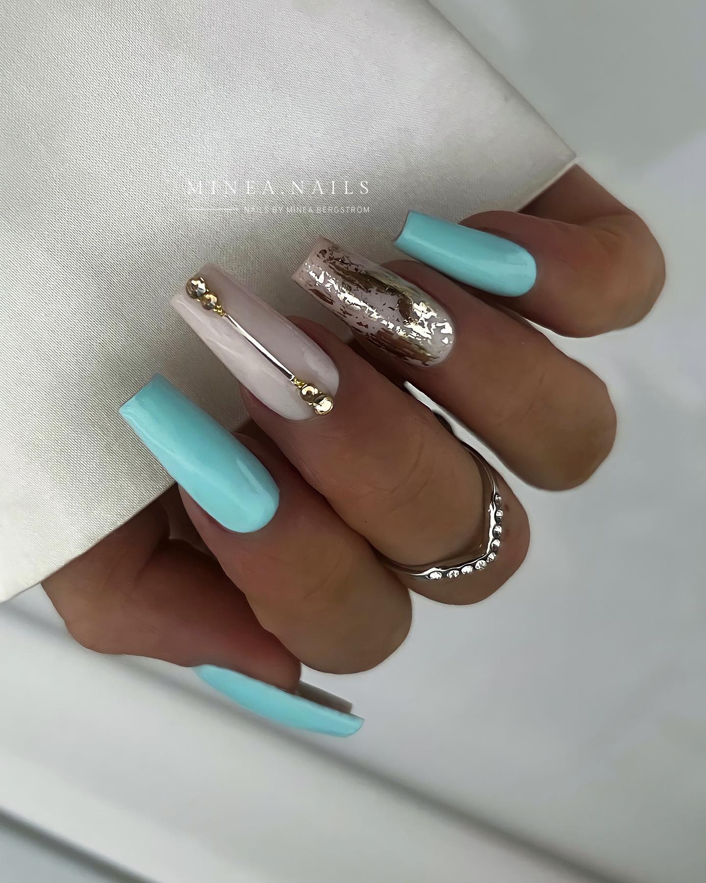 Long Square Pastel Blue and Nude Nails with Gold Foil