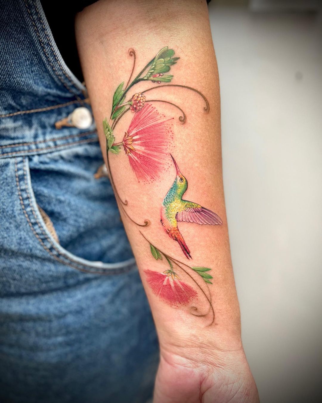Flower and Hummingbird Tattoo on Arm