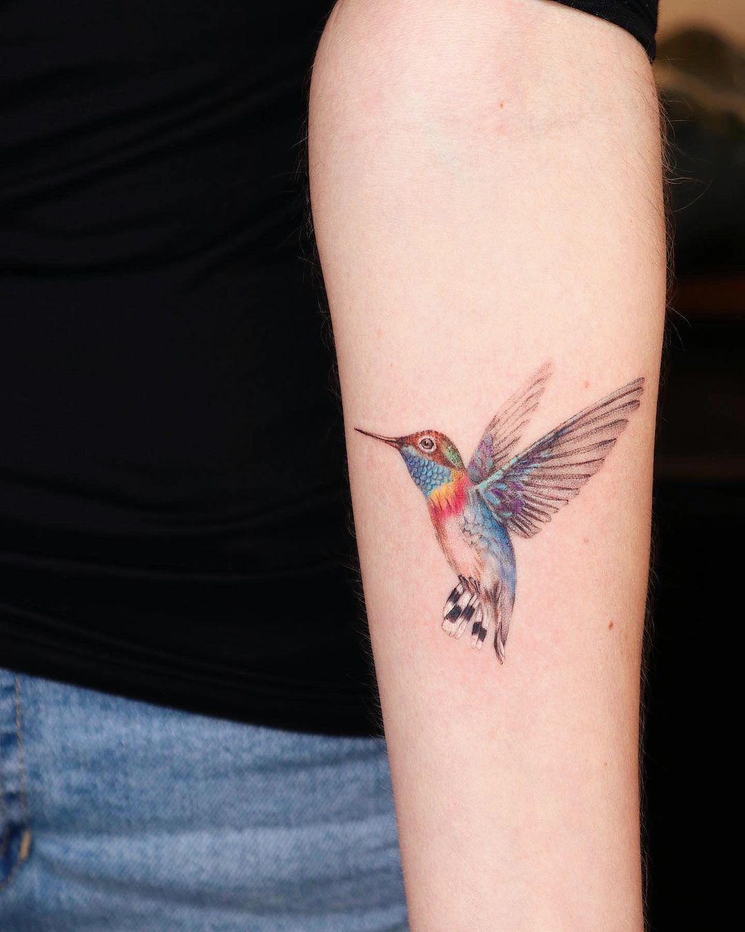 Colorful Hummingbird Tattoo on Arm