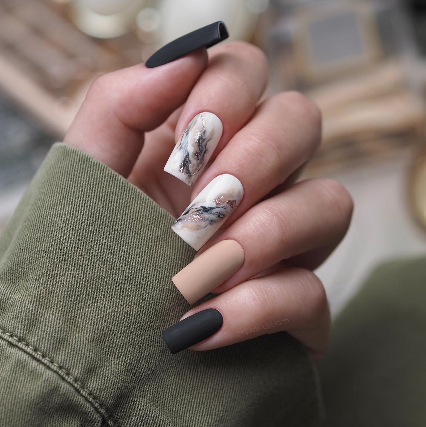 Long Square Matte Nails with Marble