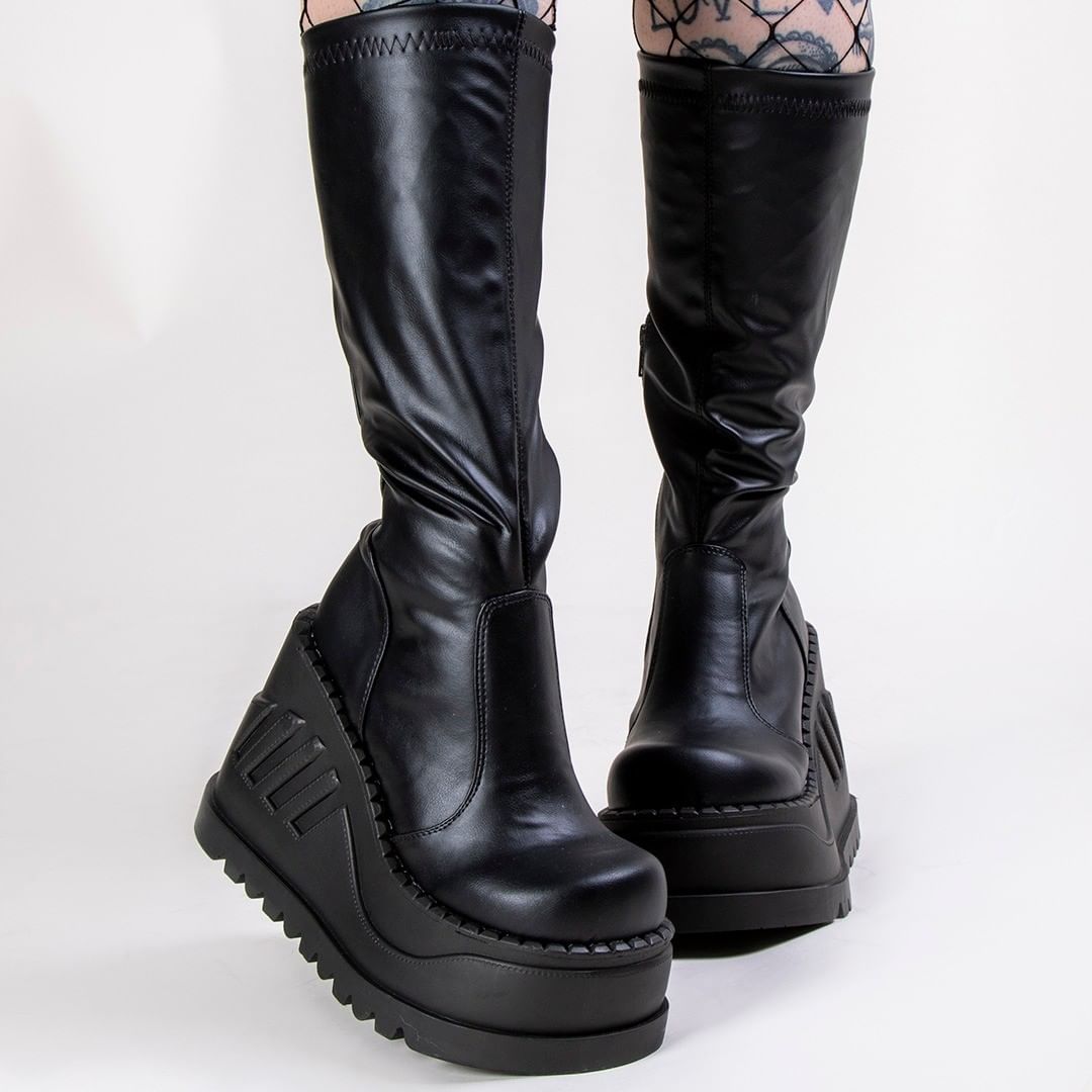 Black Leather Platform Boots for Women
