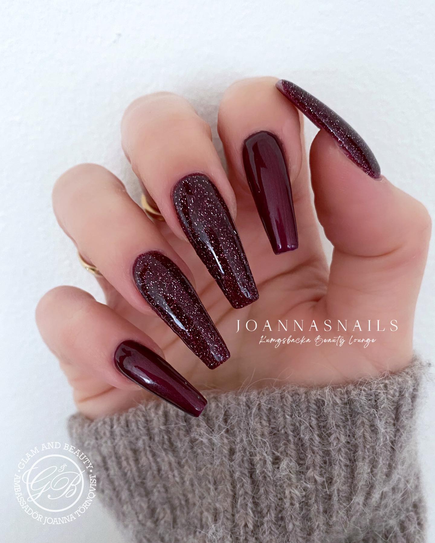 Long Burgundy Nails with Glitter