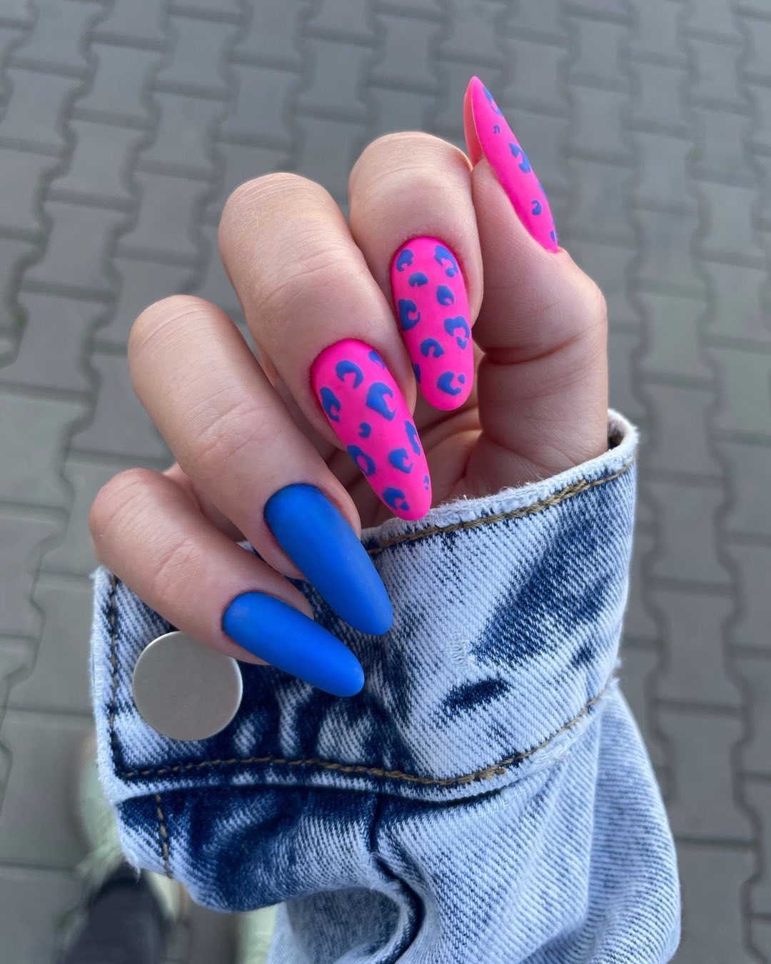 Hot Pink and Blue Nails with Leopard Design