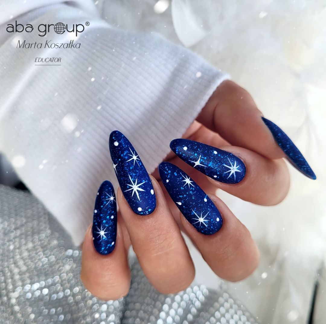 Long Round Blue Nails with Stars