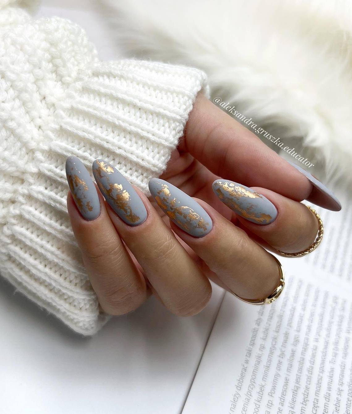 Matte Gray Nails with Gold Foil Design