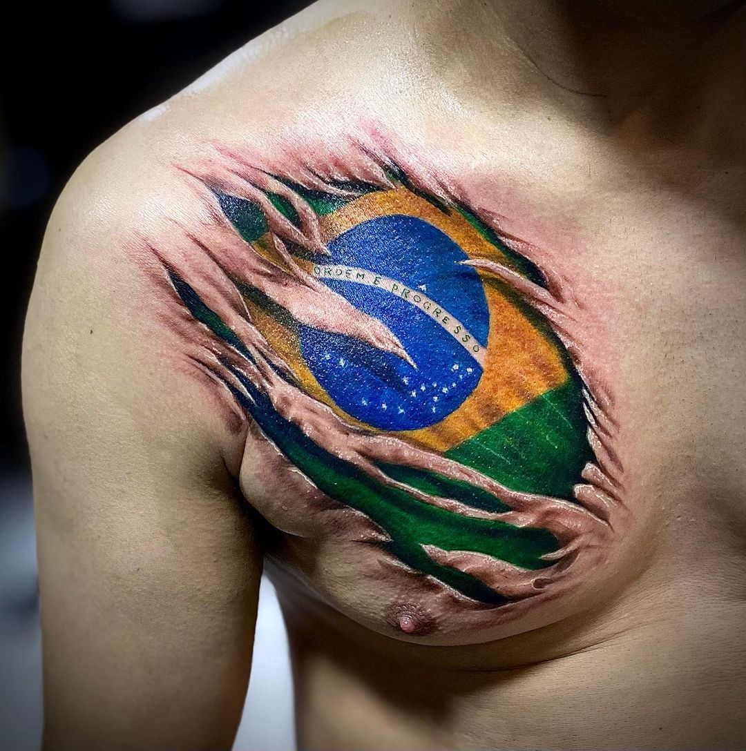 Colorful 3D Ripped Skin Tattoo on Chest for Men