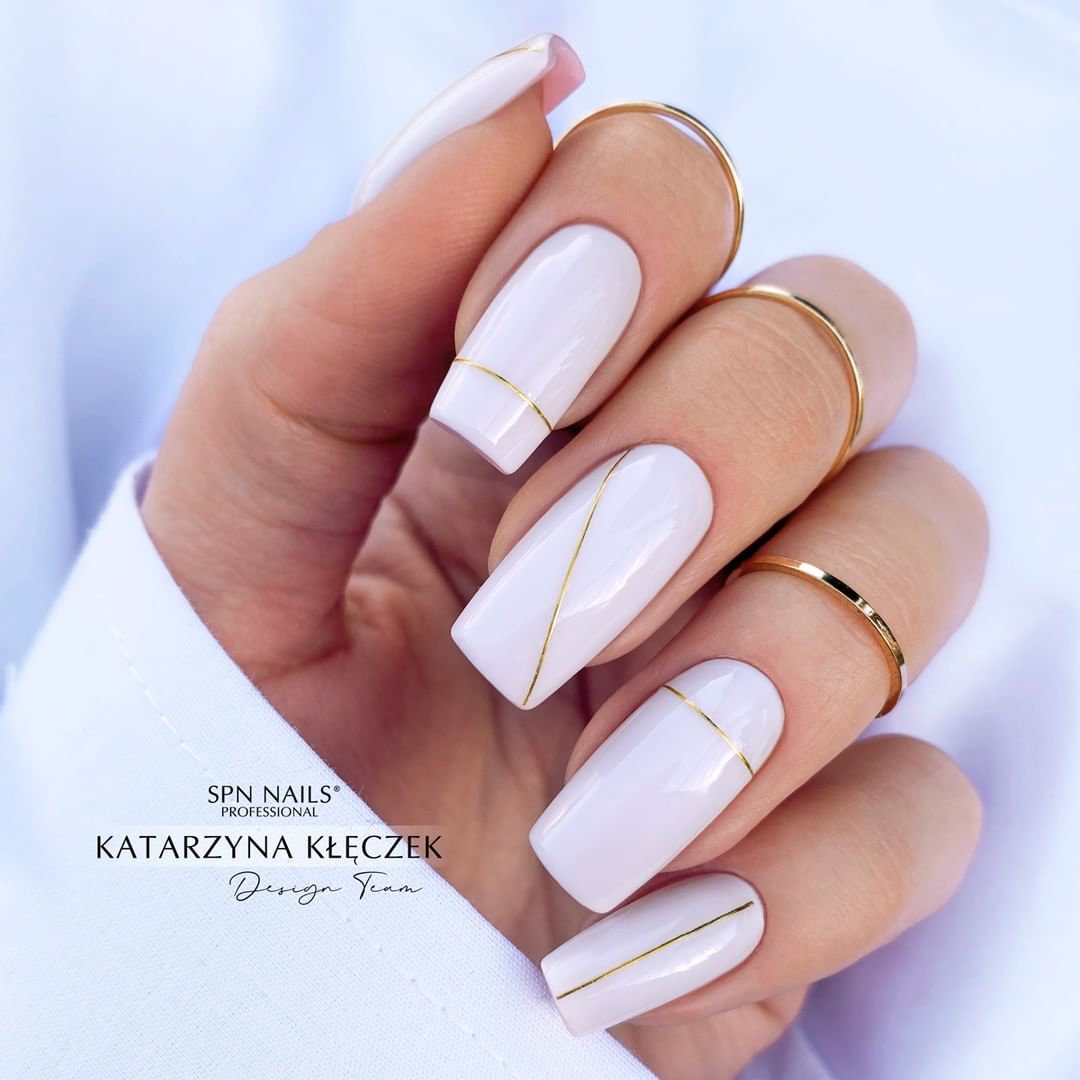 Long Square White Nails with Golden Lines