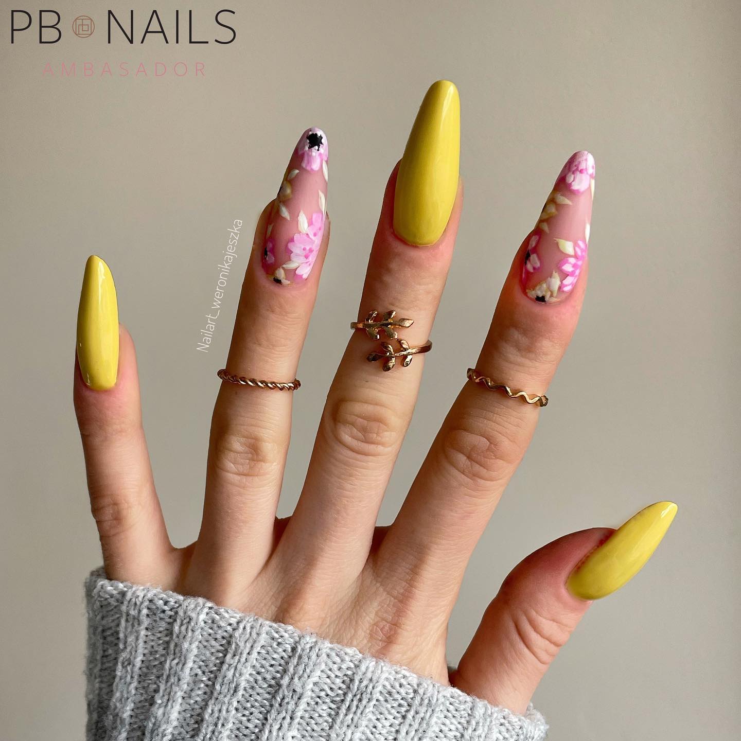 Long Yellow Nails with Floral Design