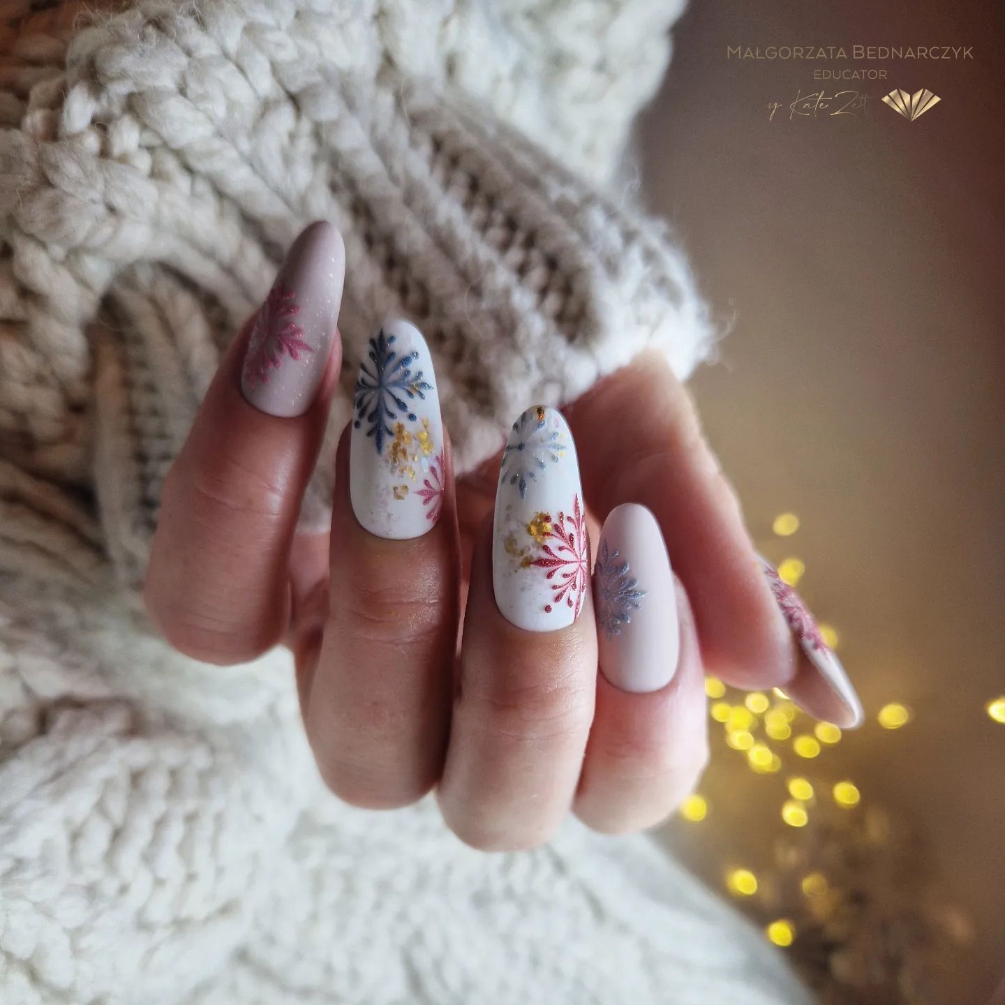 White Nails with Snowflake Design