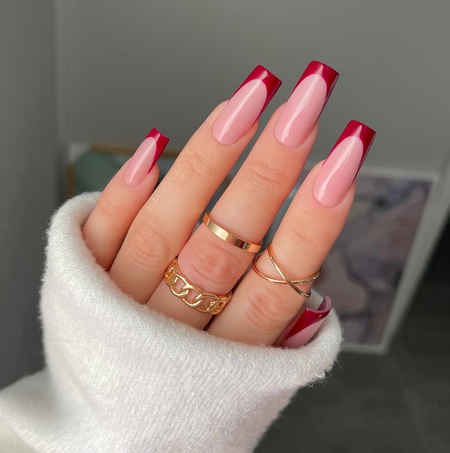 Long Square Burgundy French Nail Tips