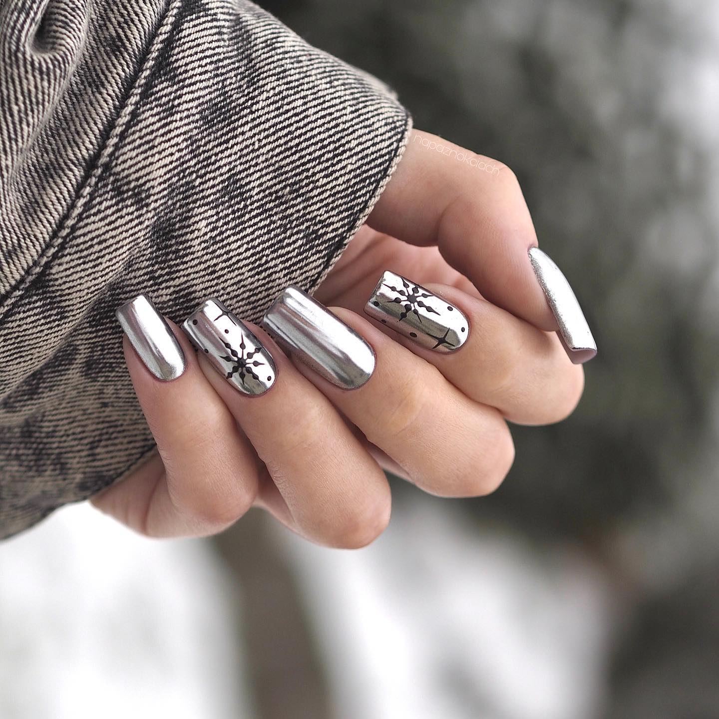 Silver Nails with Black Snowflakes