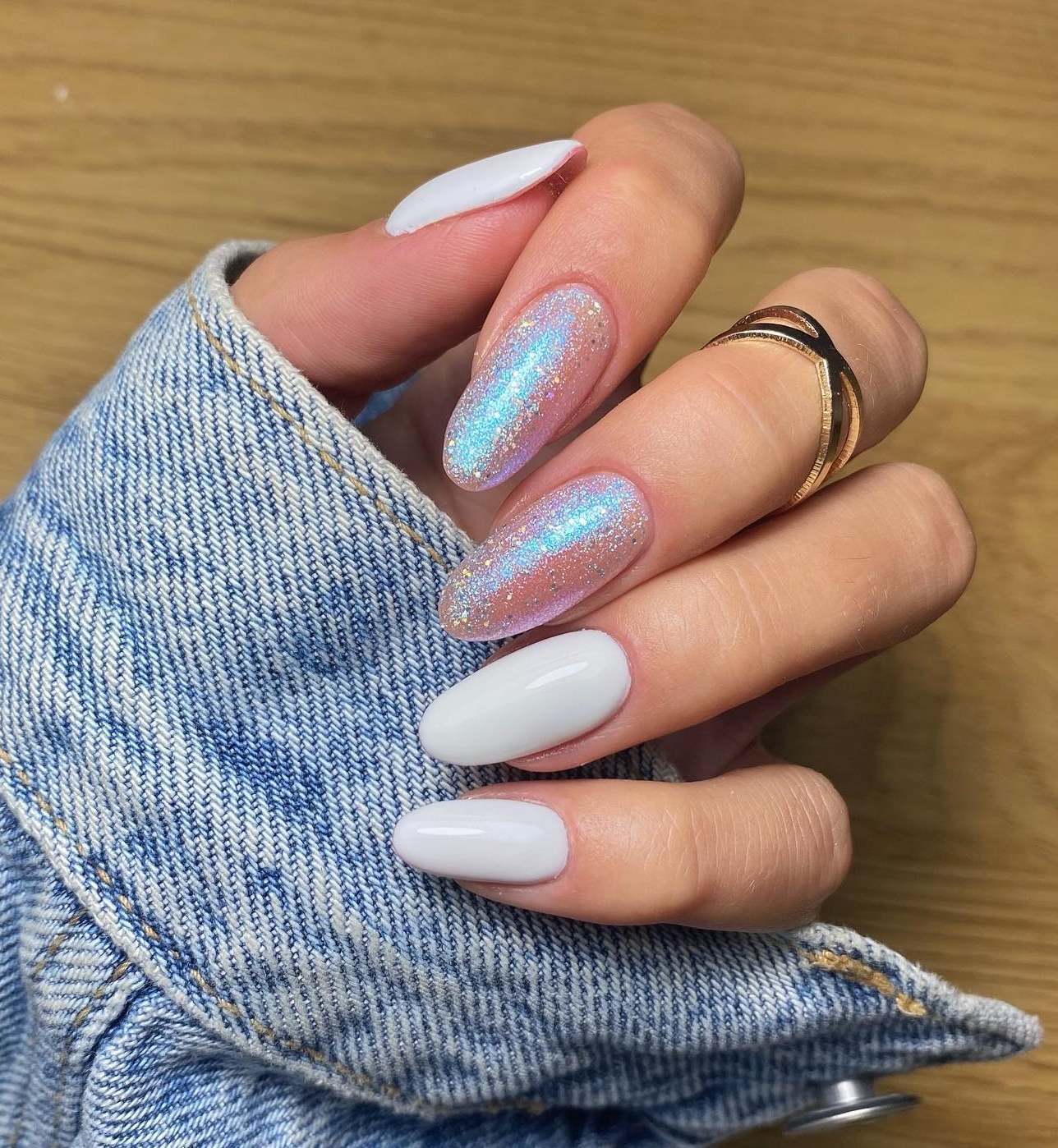 White Almond Nails with Blue Glitter