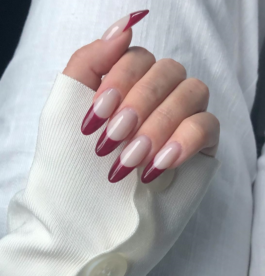 Long Round Burgundy French Nail Tips