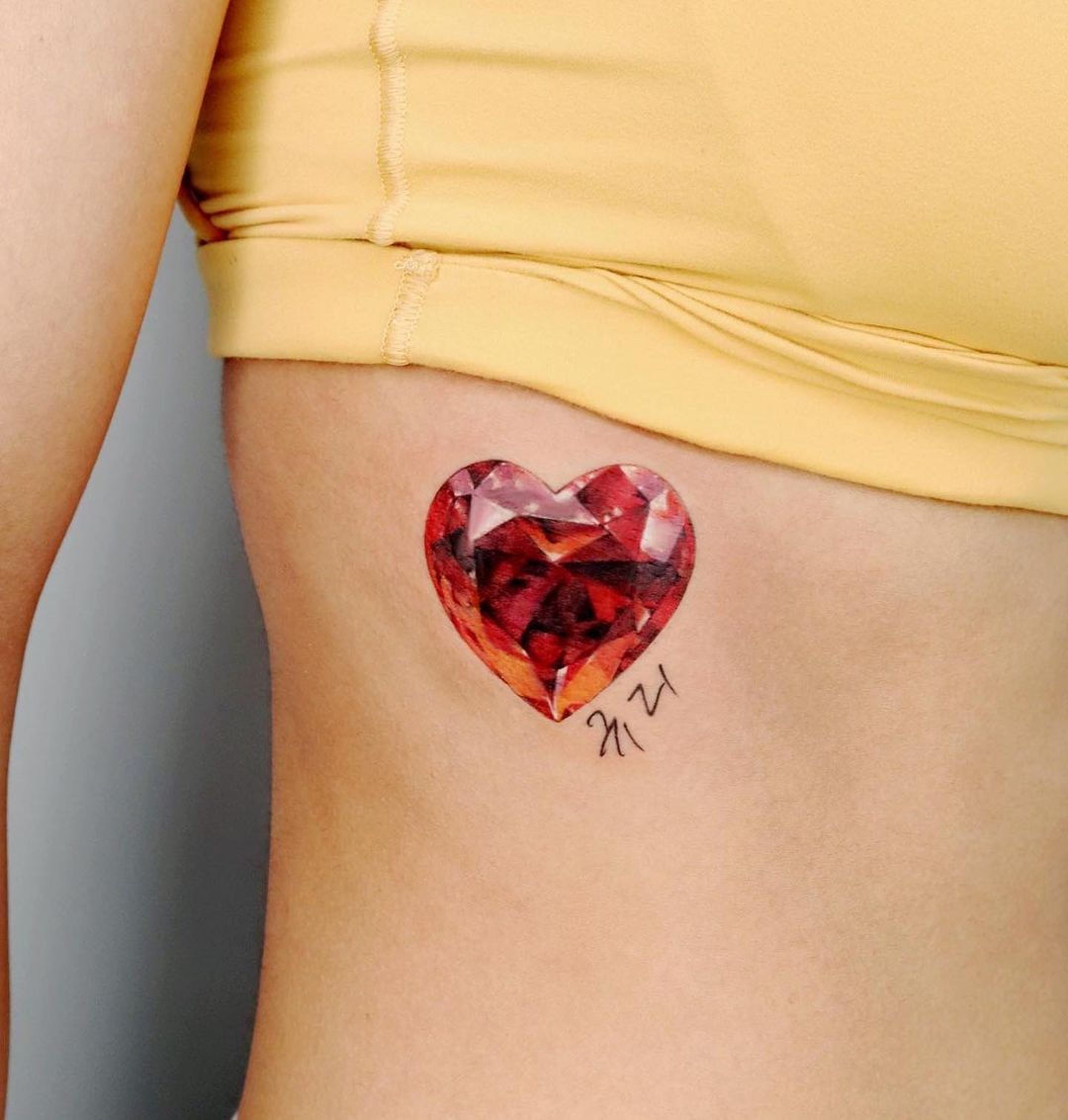 Red 3D Heart Tattoo on Abdomen