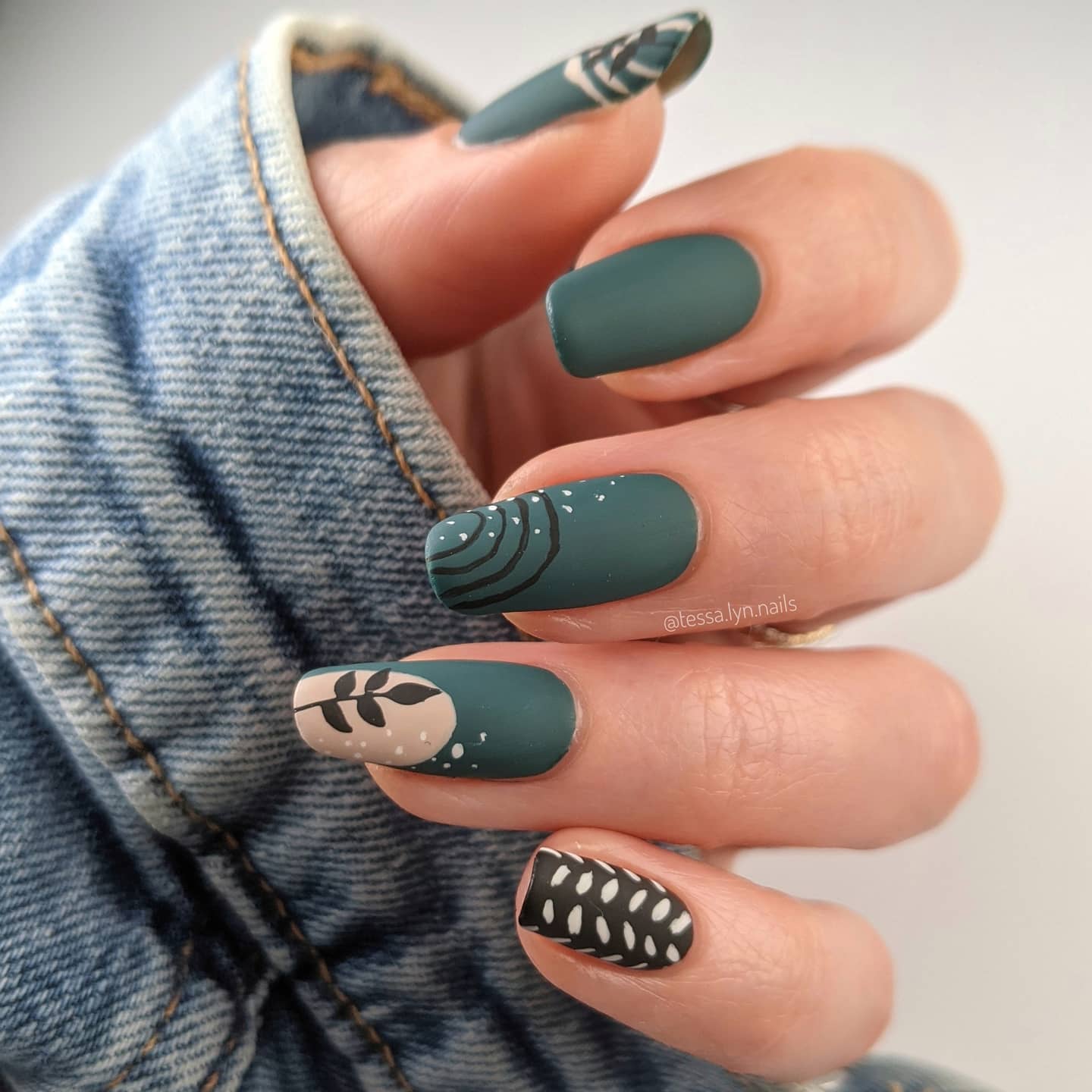 Emerald Matte Nails with Beige and Black Polish