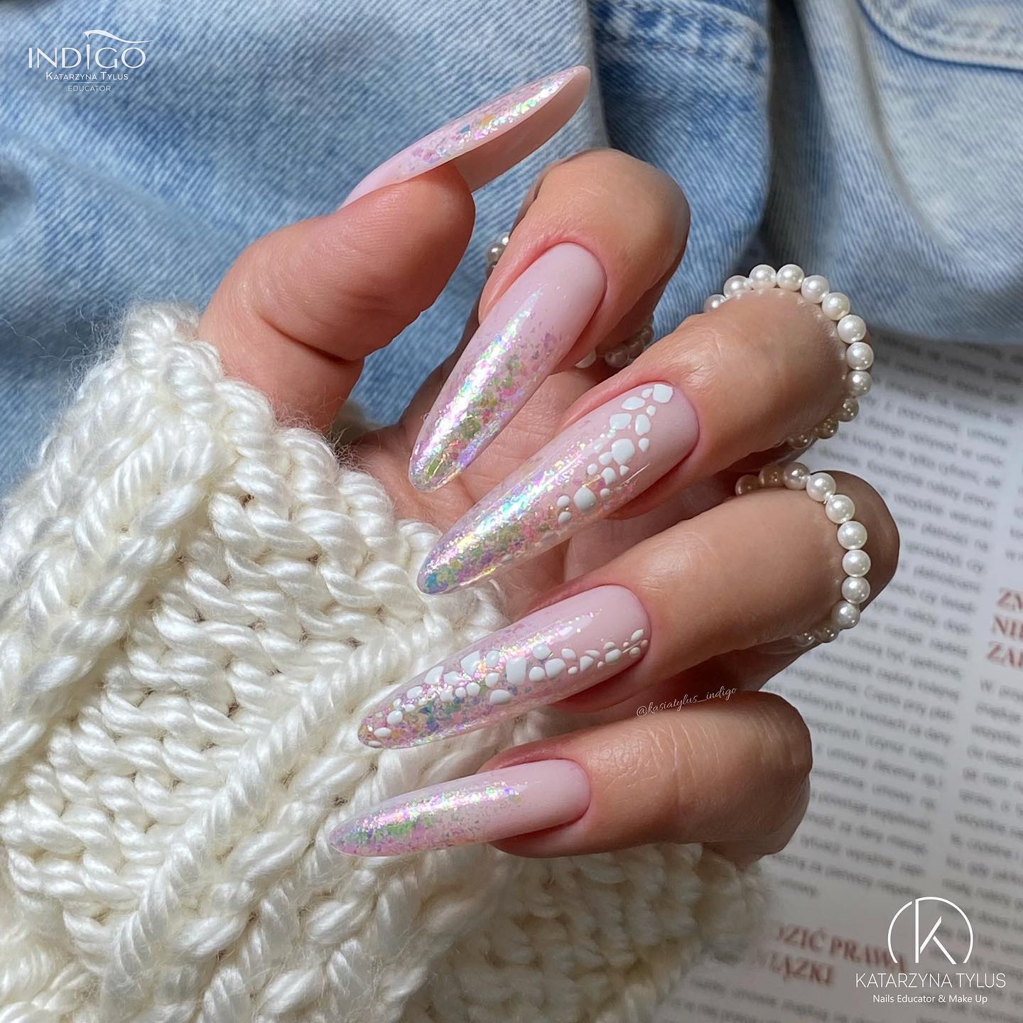 Long Pointy Pink Nails with White Dots